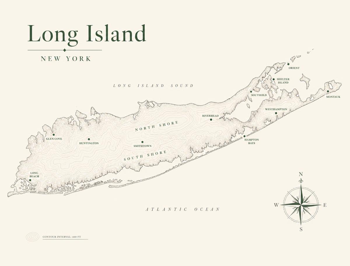 Illustrated map of Long Island, New York, showing West Rac's home office location